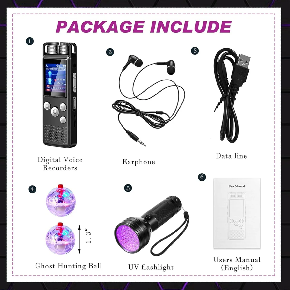 

НОВИНКА!! 4 шт. комплект снаряжения для охоты на привидения, 1 карманный цифровой диктофон, 2 светодиода, шарик для домашних животных, 1 черный УФ-фонарик, 8 ГБ