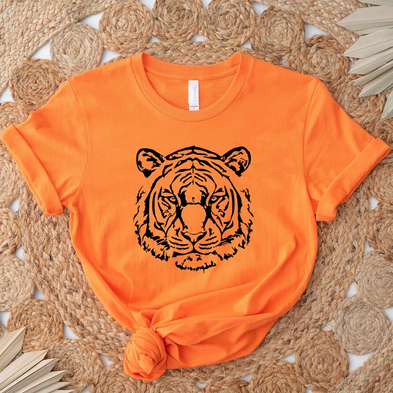 Simple Big Tiger Heat Printed Women T Shirts Cotton Graphic Tee Kawaii Clothes O Neck Loose T-shirt Unisex Y2k Fashion Tshirts