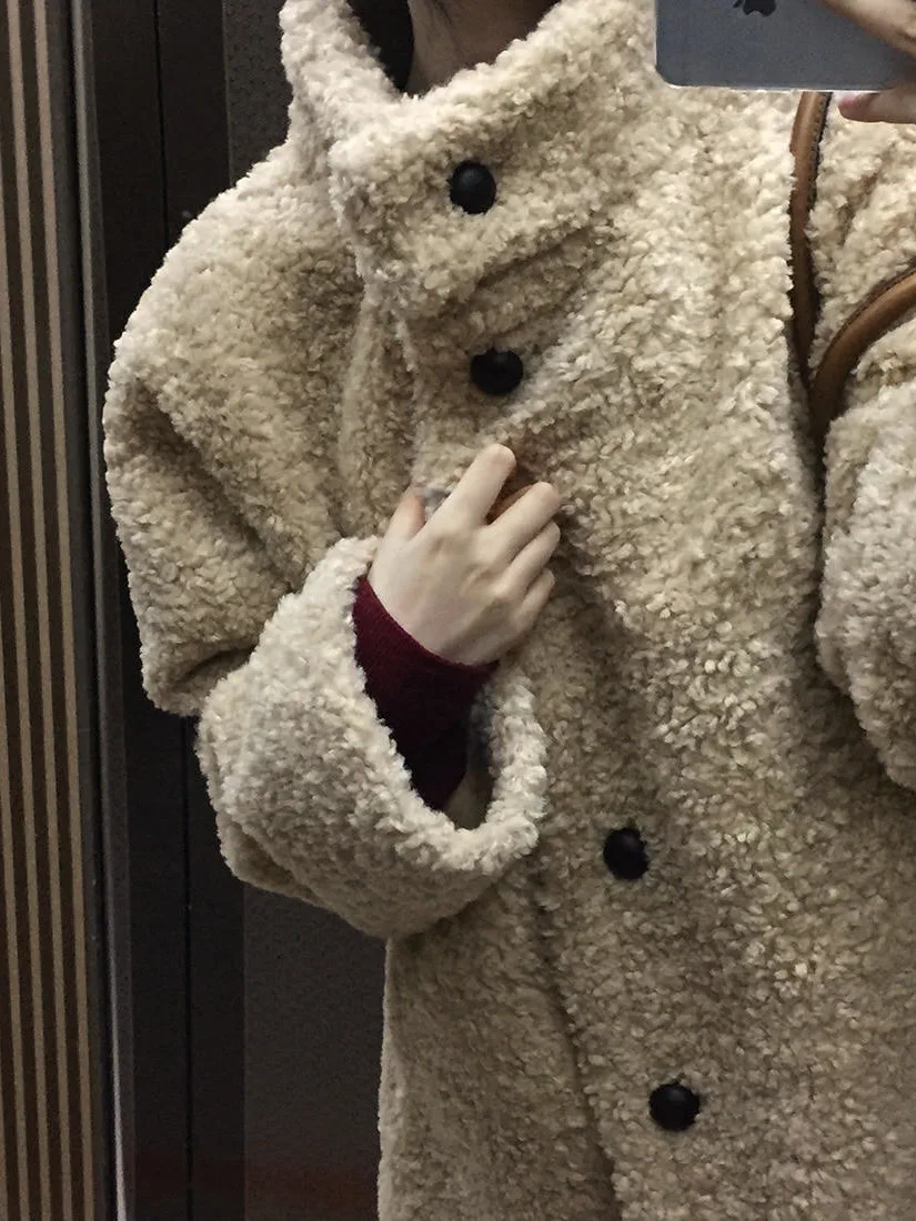 Retro Style Stand Collar Warm Loose Fur Wool Blend Coat Women's Mid-Length Woolen Coat Korean Style Spring Autumn Winter