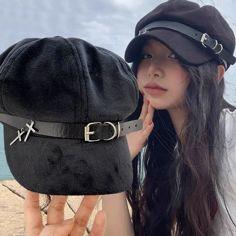

Harajuku Berets Caps for Women Gothic Lolita Hat Women Men Punk Biker Style Beret Metal Cap Streetwear Fashion Harajuku Y2k Cap