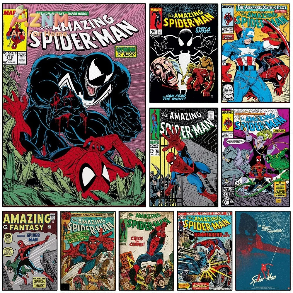 Vintage The Amazing Spider‑Man Comic Book Canvas Wall Art, Retro Venom Superhero Print Poster, Unframed Canvas Painting for Ho