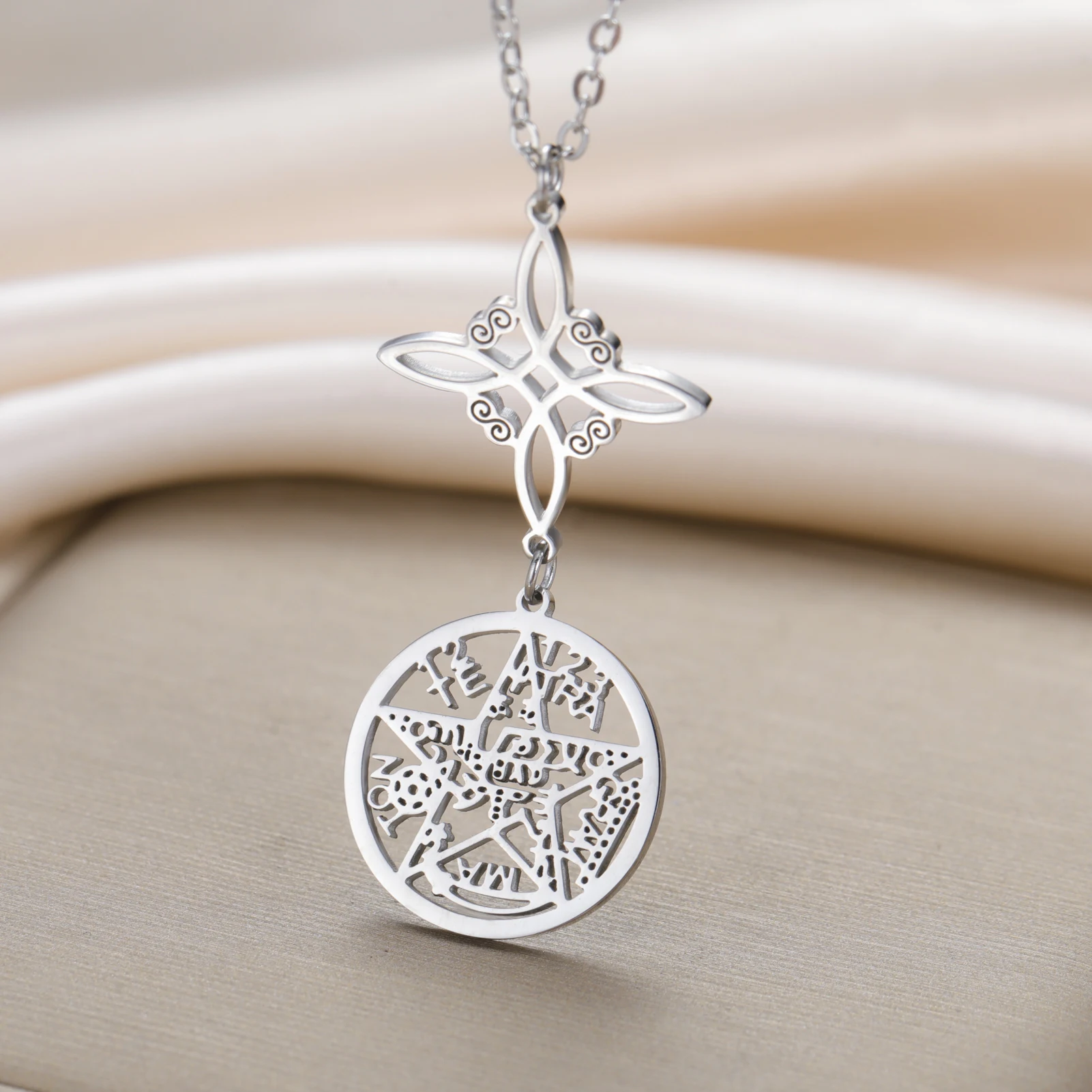 Witch Knot Tetragrammaton Pendant Necklace Double Amulet Protection Stainless Steel Pentagram Jewelry Gift for Women