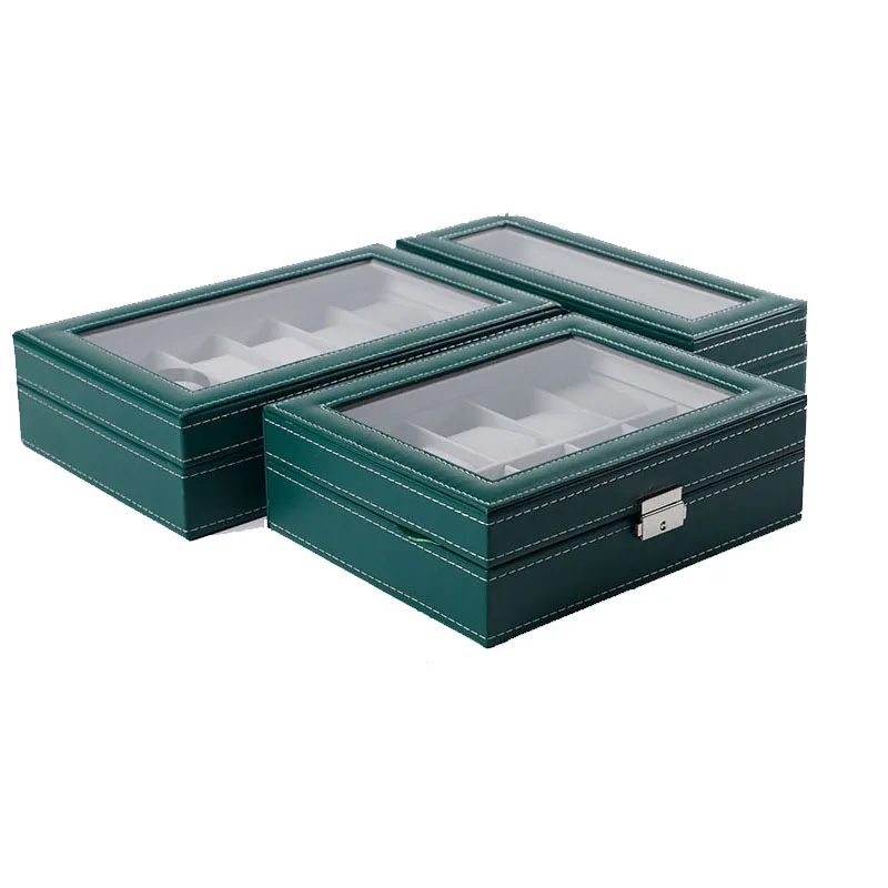 Caja organizadora de reloj de cuero PU caja de almacenamiento de vidrio joyería pulsera multifuncional verde 6/10/12 ranuras