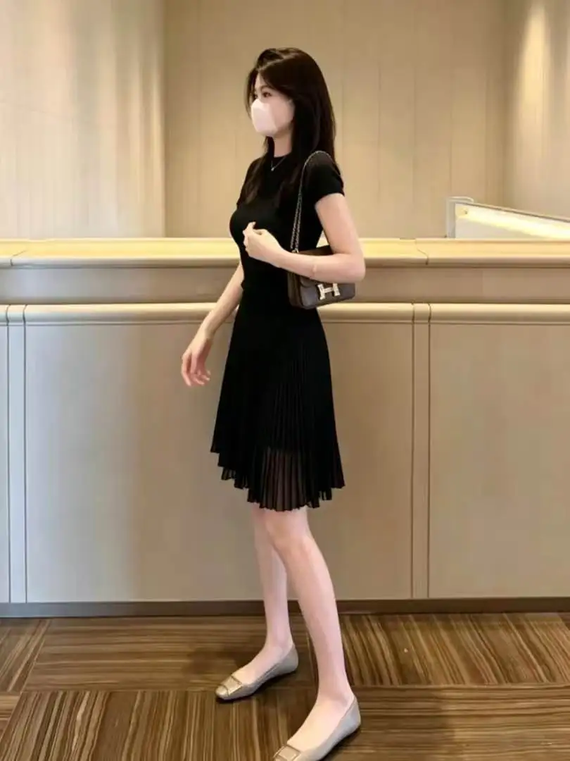 Women Chiffon Pleated Skirts Solid Elegant Elastic Waist Korean with Lining A Line Skirts Ladies Office Skirt Womens Clothing