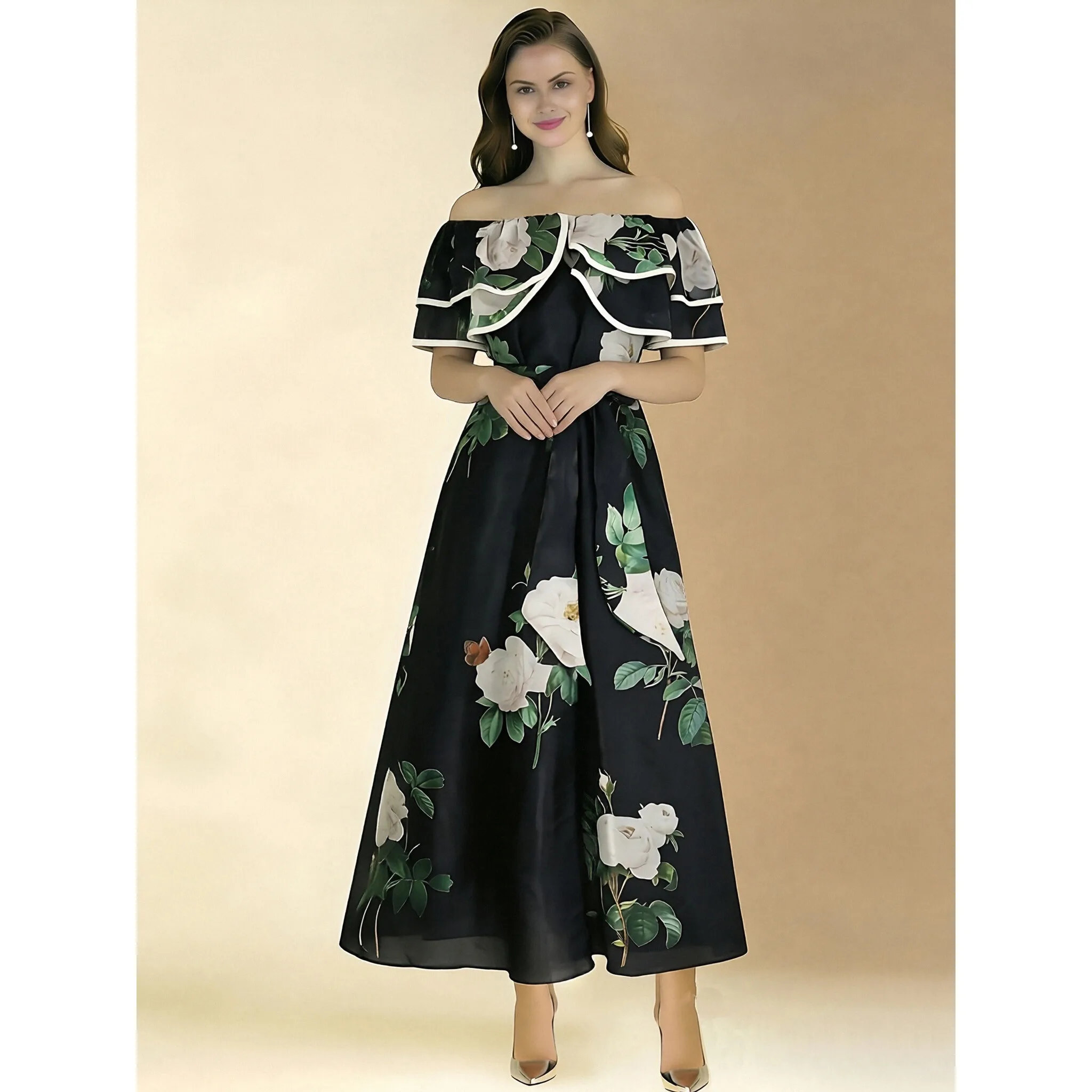 

Romantic Print Gauze Women's Dress One Shoulder Bow Waist Cinching Holiday Dress Elegant Ageless Citywalk Summer 2026