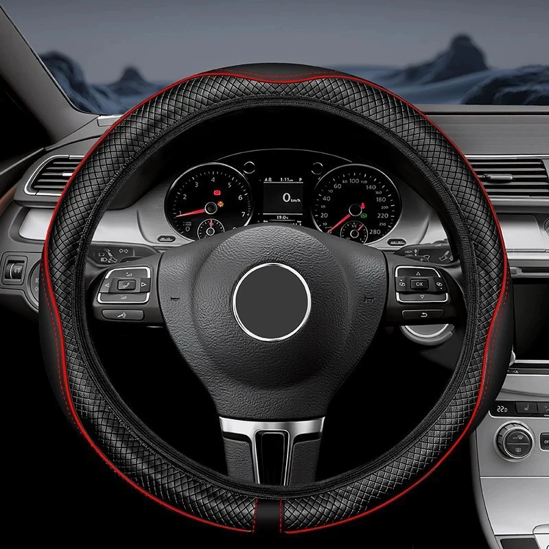 1pc PU Leather Car Steering Wheel Cover Universal Non-Slip Wear-Resistant Embossed Colored Stripe Comfortable Without Inner Ring