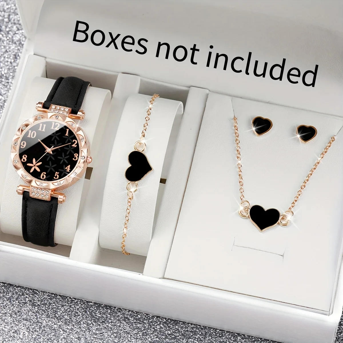 

5pcs/set Women's Elegant Flower Rhinestone Quartz Watch Analog PU Leather Wrist Watch & Heart Jewelry Set, Gift For Mom Her