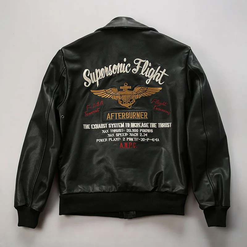 Motorcycle leather jacket loose-fitting retro pilot leather jacket, men's wing embroidered A2 cowhide flight suit leather jacket