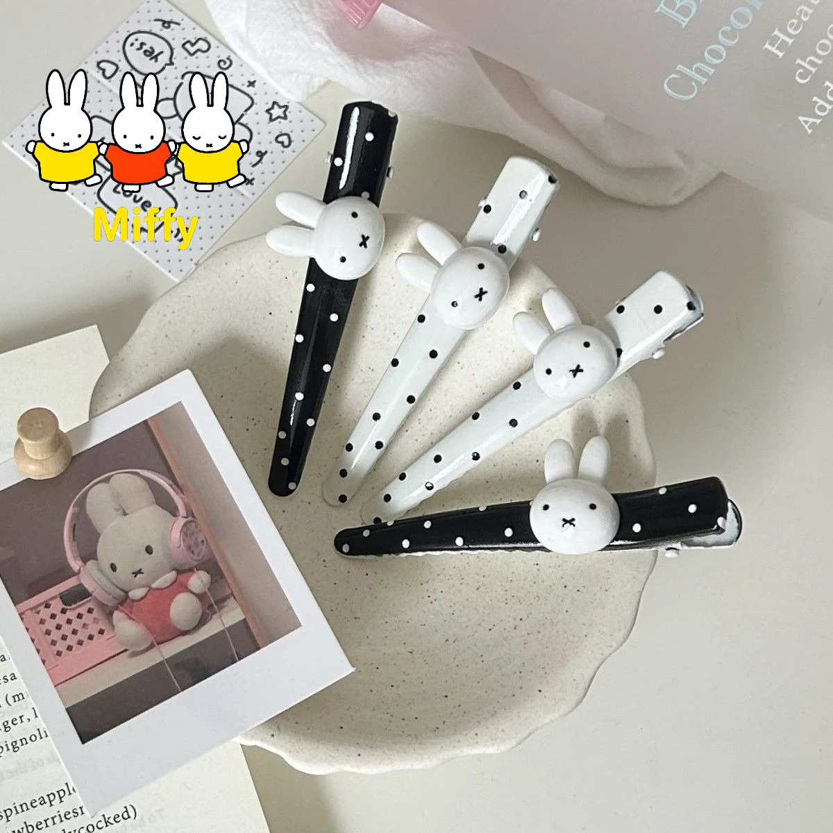 Kawaii Miffy Hairpin Cute Cartoon Polka-dot Beak-shaped Hairpin for Miffy The Rabbit Black and White Hair Accessory