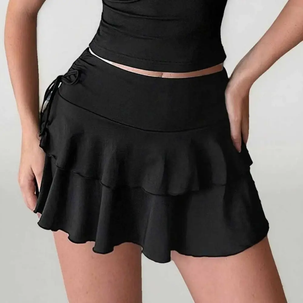 Korean Style Lace Up Girls Short Mini Skirt Ruffle Slim Fit High Waist A-line Skirt Teens Cake Dress Pleated Mini Skirts Summer