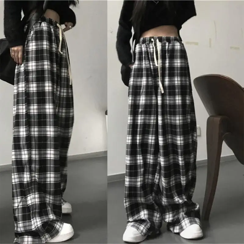 40GC Women Vintage Wide Leg Plaid Pants Oversized Loose Straight Trousers Streetwear