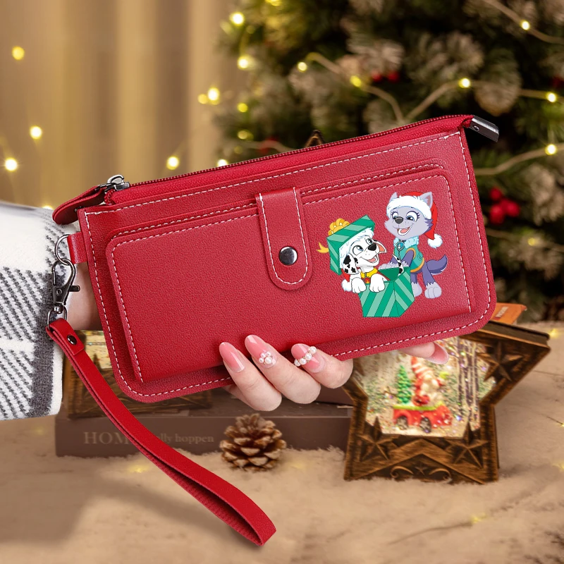 Cute PAW Patrol Long Leather Wallet Cute Cartoon Red Christmas Thin Coin Purse Fashion Printed Woman Business Card Storage Bags