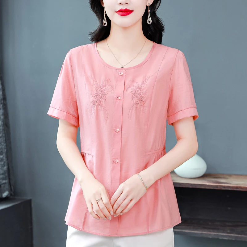 

Solid Color Embroidered Women Tops 2025 Summer New Chinese Style Cotton Linen High-End Short Sleeved Blouses Shirt