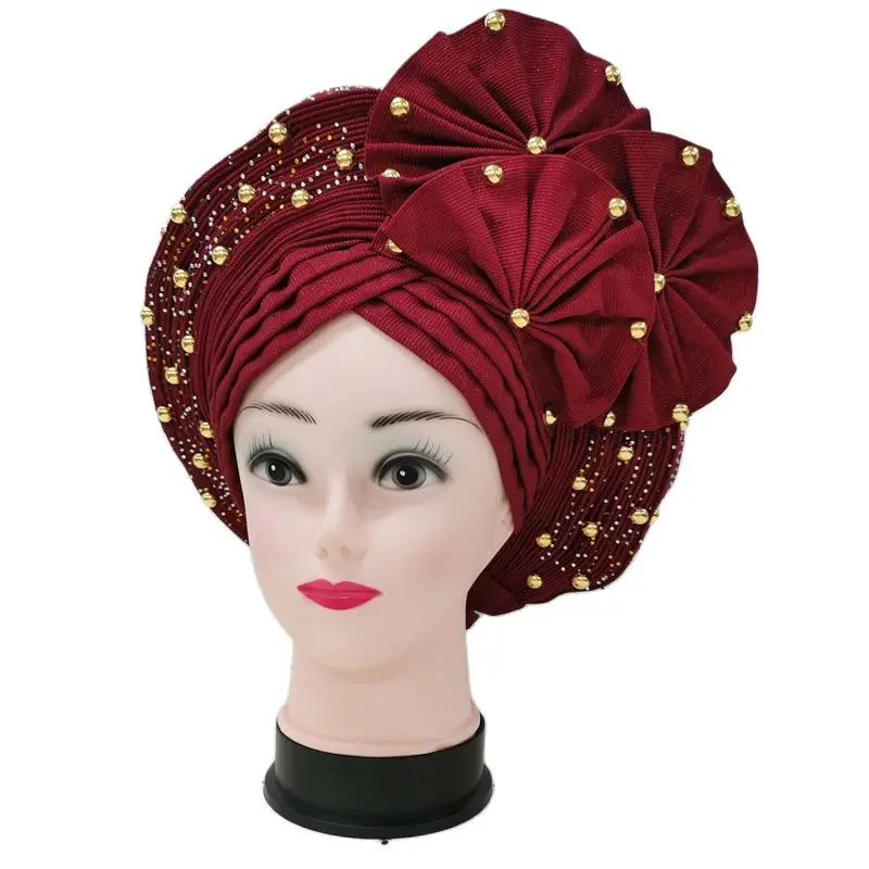 New Style Nigerian Gele Headtie Aso Oke Gele Already Made Auto Gele Aso Ebi Headtie African Turban Cap With Colorful Bead