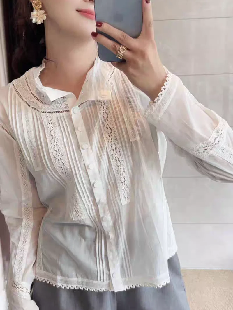 

Women's Shirt Autumn 2025 White Lace Shirt Women's Long Sleeve Stand up Collar Silk Cotton Lace Splicing Exquisite Elegant Shirt