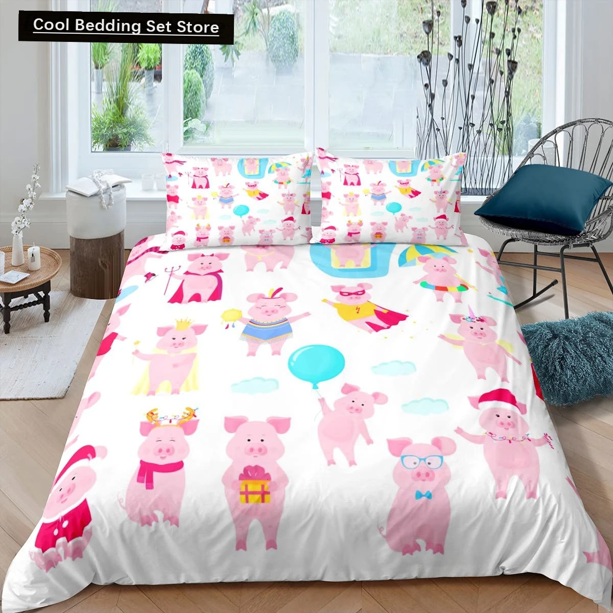 

Cartoon Kawaii Pig King Queen Duvet Cover Happy Farm Animal Bedding Set Pink Piggy Quilt Cover 2/3pcs Polyester Comforter Cover