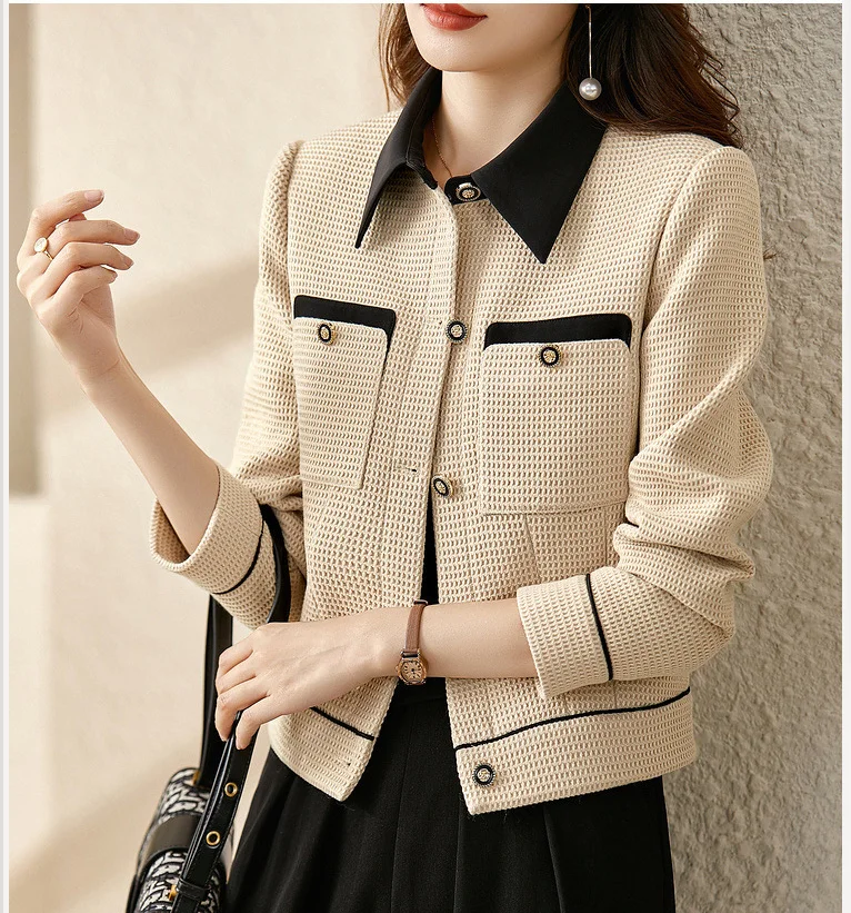 Boweylun Spring and Autumn New Color Collision Waffle Short Jacket Women Long-sleeved Single-breasted Lapel Coat