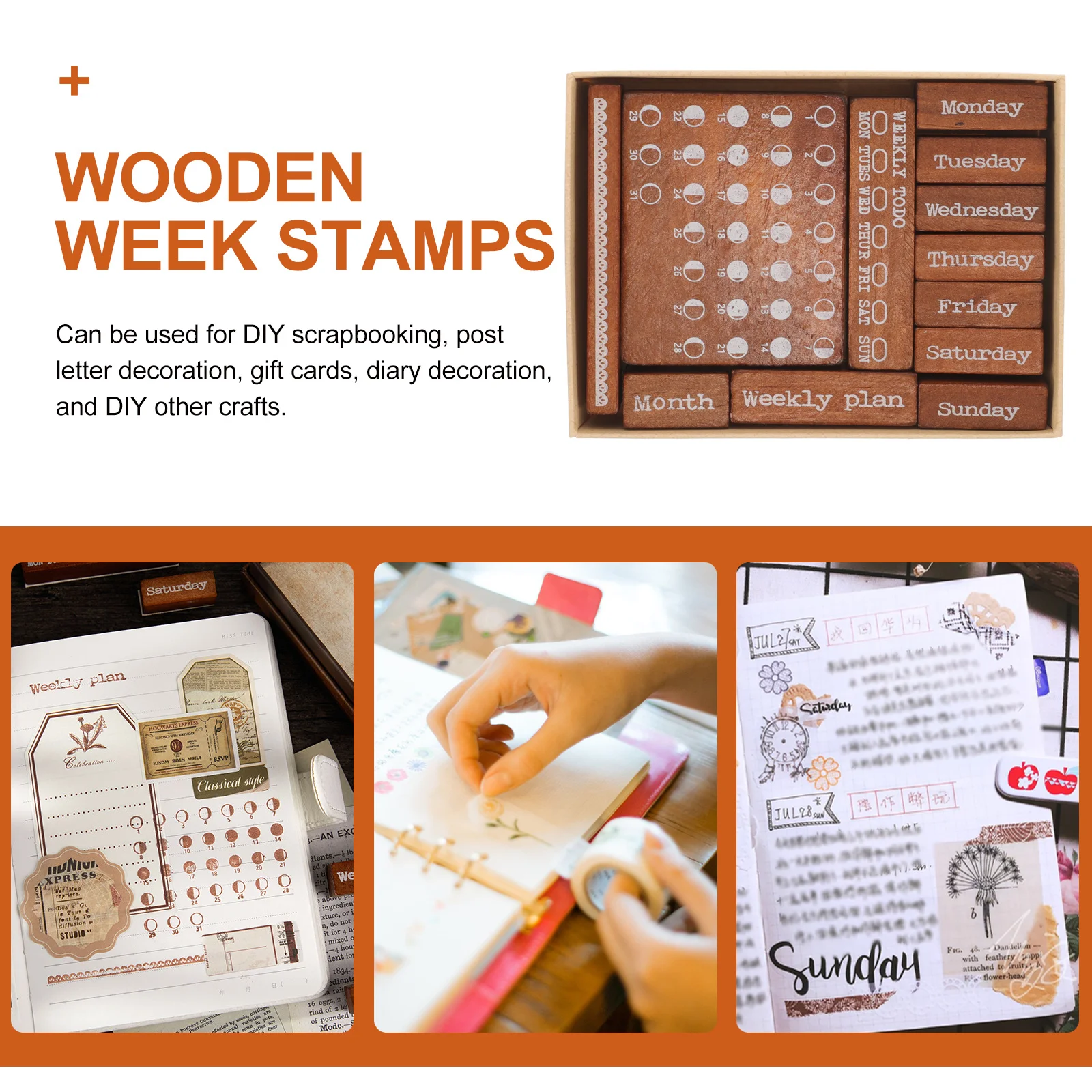 

12Pcs Wooden Week Stamps Set Creative Wood Stamps for DIY Diary Scrapbook Journaling Craft Supplies Vintage Decorative Patterns