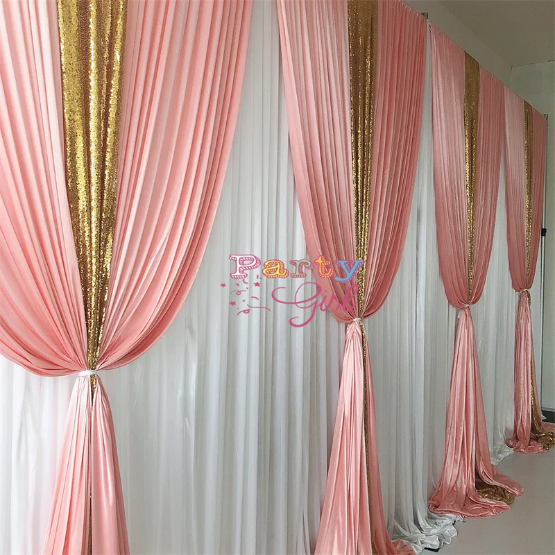 White Color Ice Silk Wedding Backdrop Curtain With Blush Sequin Swag Drapery Stage Background Event Party Decora