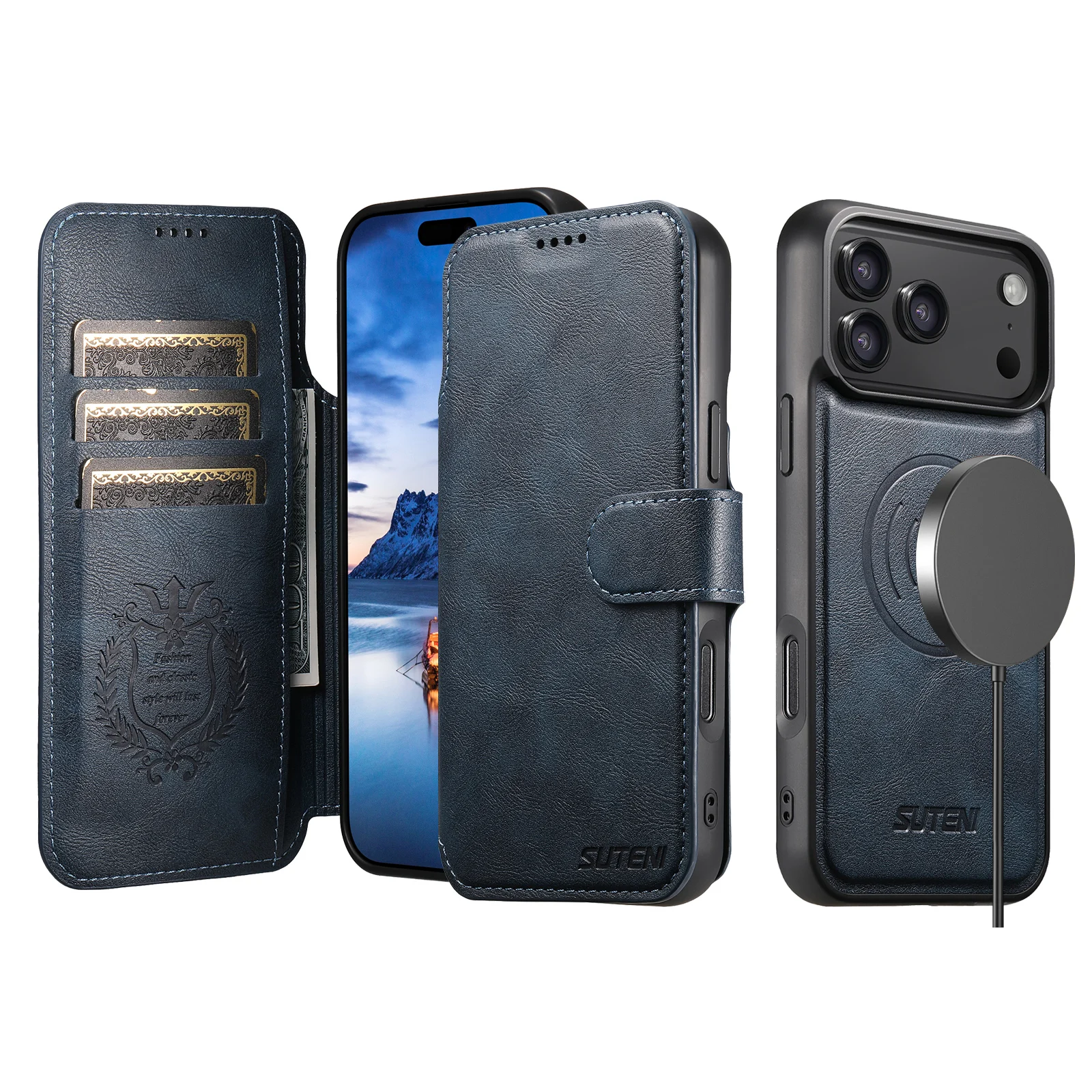 SUTENI Kunstleder Kabelloses Ladegerät Kartenhalter Ständer Brieftasche Magnetische Klapphülle Handyhülle für iPhone 18 Pro Max 17 16 15 14 – Detail 7
