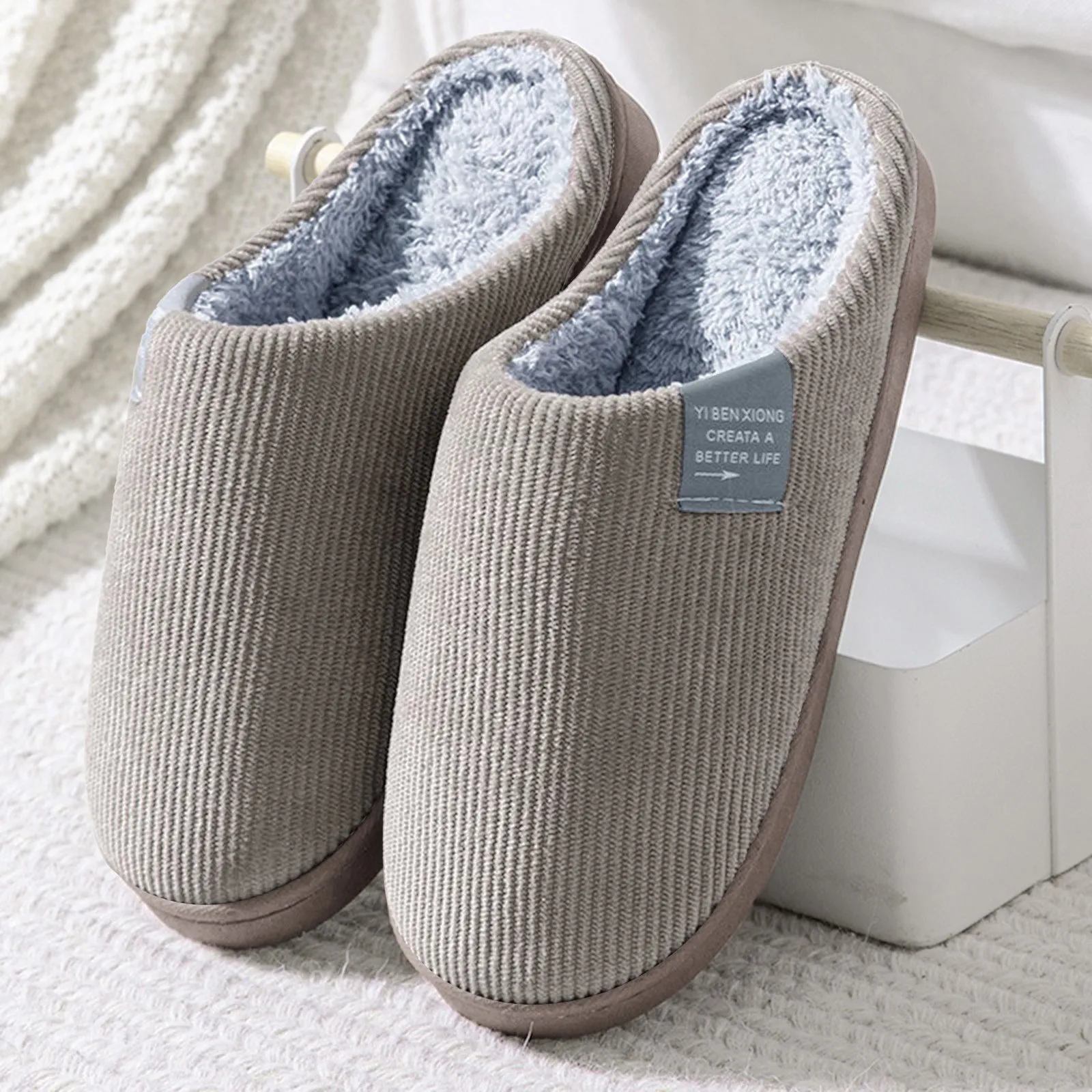 Women Home Slippers Indoor Bedroom Light Couple Cotton Slipper Solid Color Soft Flip Flops Autumn Winter Warm Furry Plush Shoes