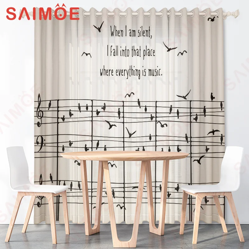 Retro Colorful Happiness of the Source Fabric Curtains By Meters White and Gold Music Notes Night Blackout Curtains for Bedroom