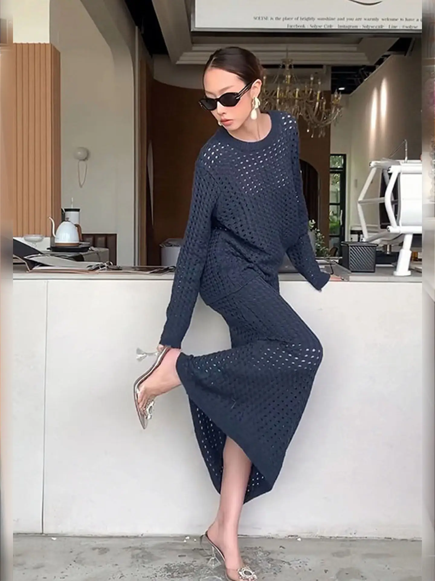 

Spring Faion Korean Sle Blue Knit Top And Skirt Set Women's High Waist Midi Skirt Loose Fit round Ne Long Sve Set