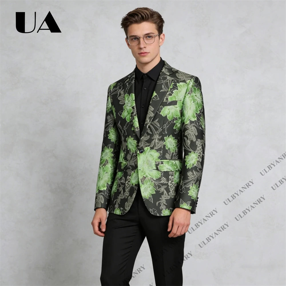 ULBYANRY Men’s Black Base Green Flower Embroidery Satin Peak Lapel Slim Fit Blazer for Prom Party (Size M - 6XL) Wedding Guest
