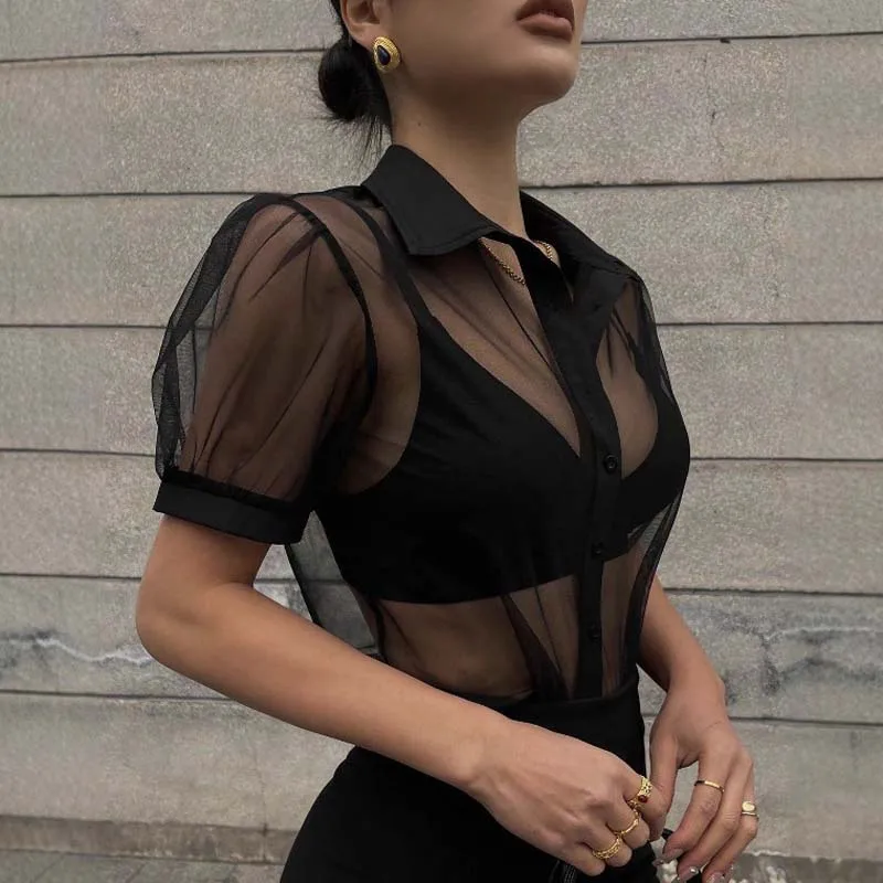 Women Sexy Perspective lace chiffon short sleeved shirt Elegant 2026 Nightclub single breasted solid color shirt top arty Retro