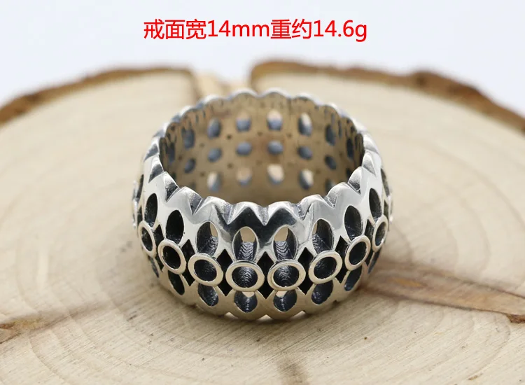 Ethnic Style s925 Sterling Silver Hollow Cherry Blossom Ring Handmade Retro Fashion Gentleman Jewelry Men's Thumb and Index Fing