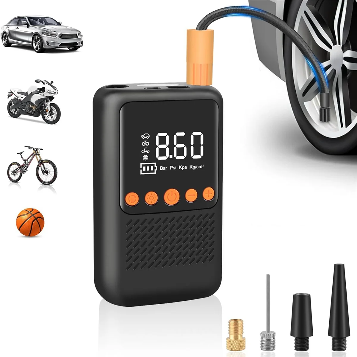 Electric Tire Inflator Portable Air Compressor - Cordless Air Pump Tires - Bicycle Pump with Air Pressure Gauge