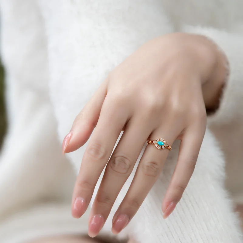 Anomokay Retro Palace Style Turquoise Silver Ring Vintage Flower Gold Color Jewelry