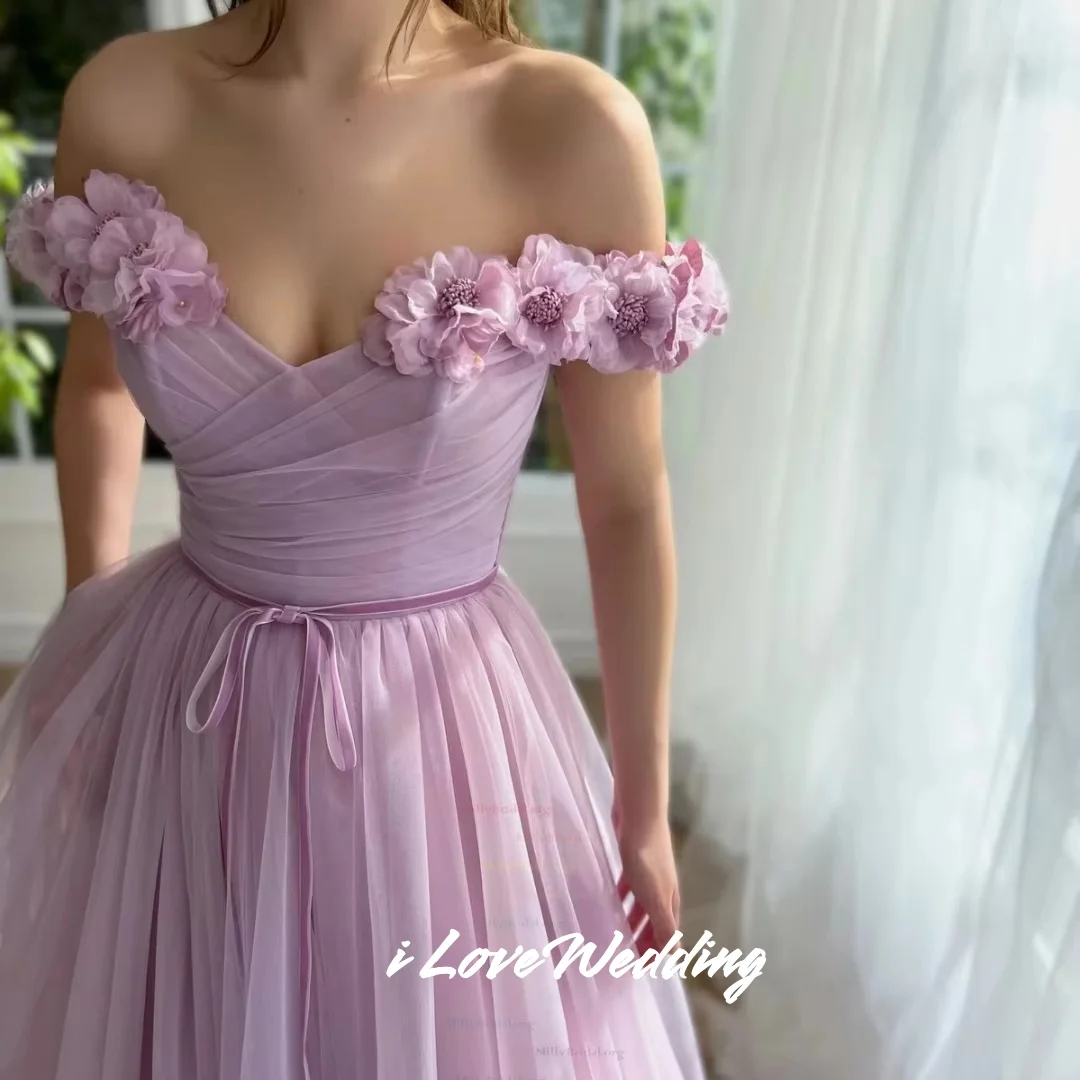 Purple V-Neck Prom Dresses 2025 Tulle Off Shoulder 3D Flowers A-line Side Split Pleated Floor-Length Evening Dresses Customized