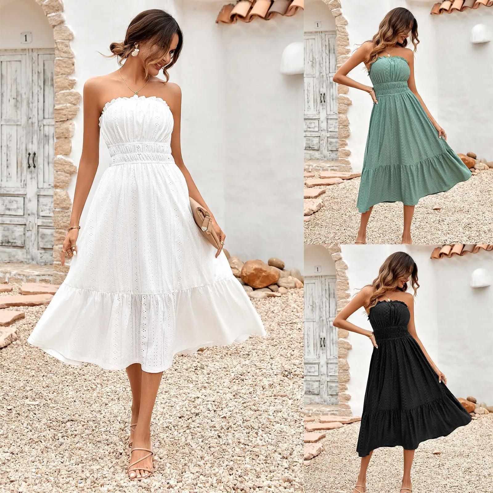 

2023 Summer New European and American Women's Fashion and Leisure Temperament Elegant Solid Color Corset Waist Dress Ladies