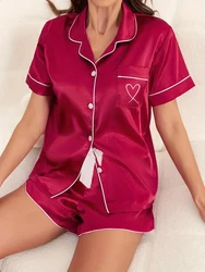 Women's Short Sleeve Shorts Pajama Set - Button-Up Love Embroidery Silky Satin Bow Decor Sleepwear Nightwear Loungewear Pyjamas