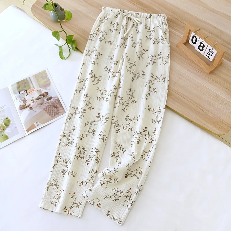 2024 Japanese New Spring/Summer Women\'s Sleeping Pants 100% Cotton Crepe Printed Pants Thin Loose Lace Home Pants Ladies