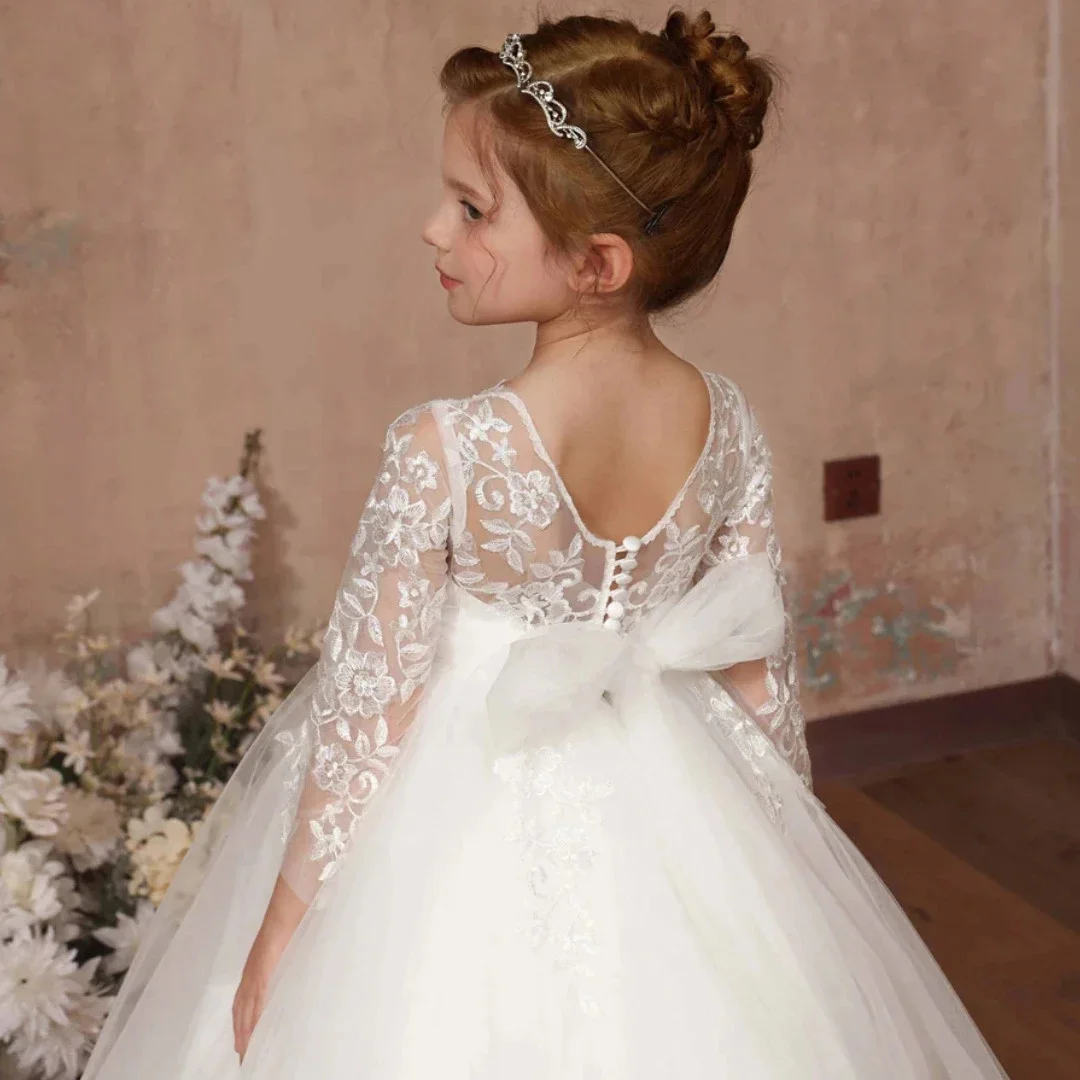 Customized Ivory Flower Girl Dress Flory Appliques With Bow Long Sleeve For Wedding Birthday Prom Party Holy Communion Gowns