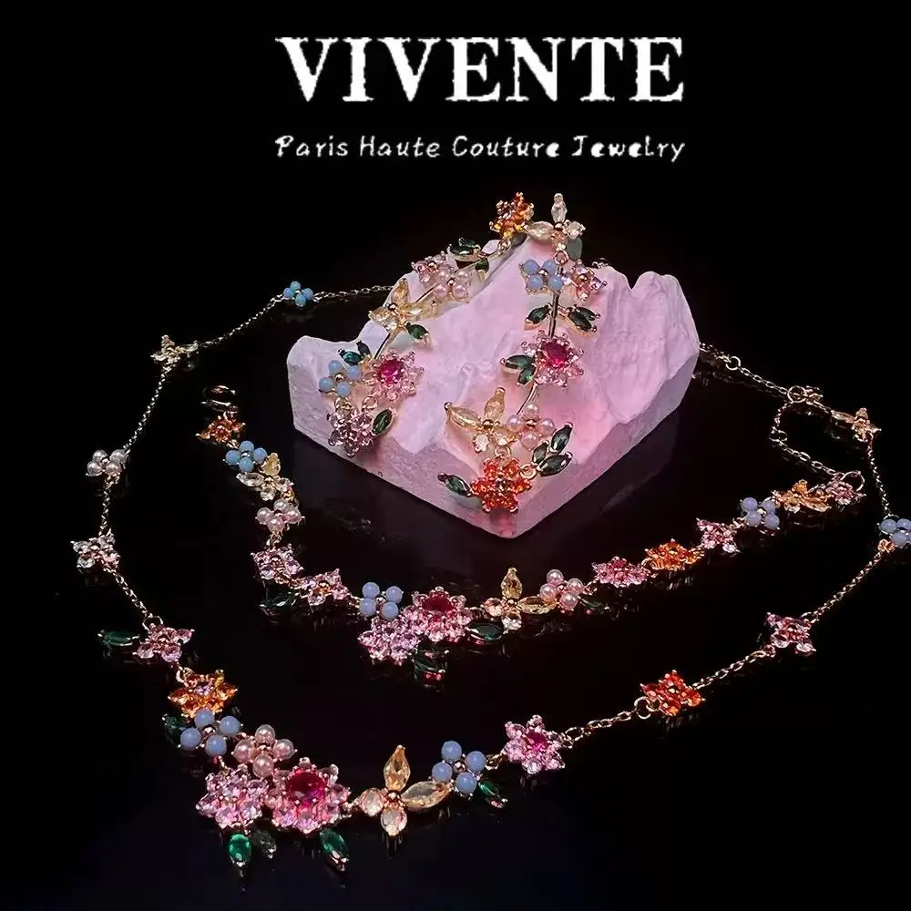 

New Flowers and Plants Colored Zircon Necklace Bracelet Earring Three-Piece Suit Fashion Women Jewelry Set High-Quality