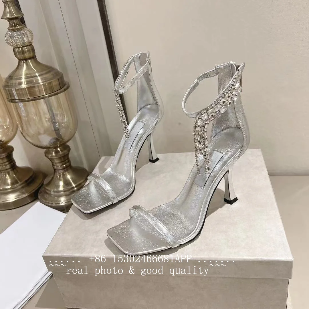 Newly designed high-end velvet rhinestone stiletto heel summer dress-up sandals with headband and half-slip-on women's shoes