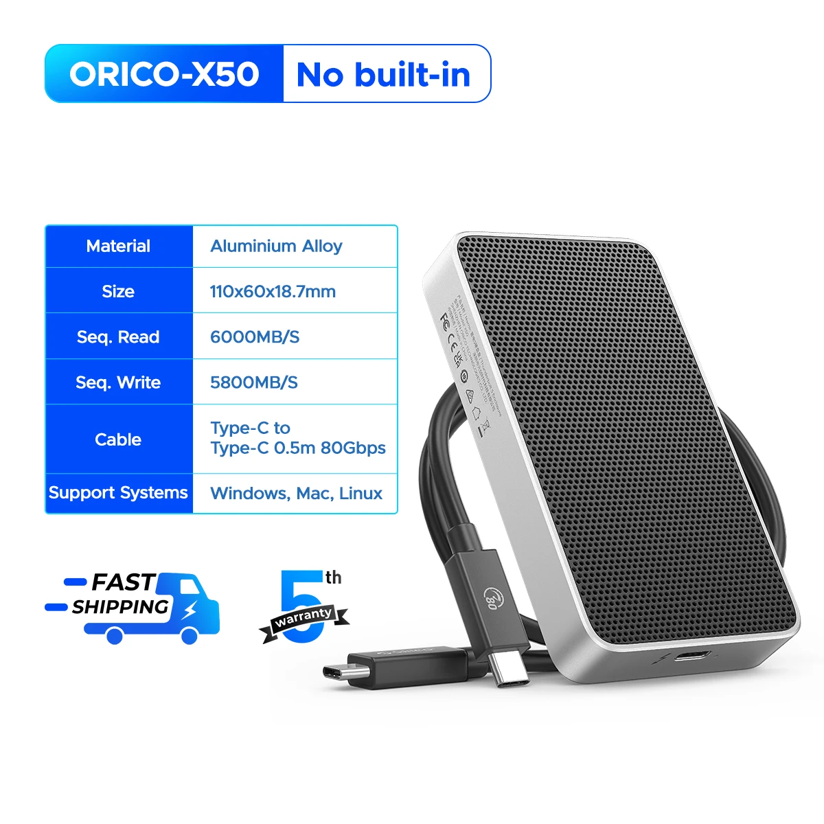 ORICO 80Gbps Thunderbolt 5-Compatible SSD Enclosure with Fan