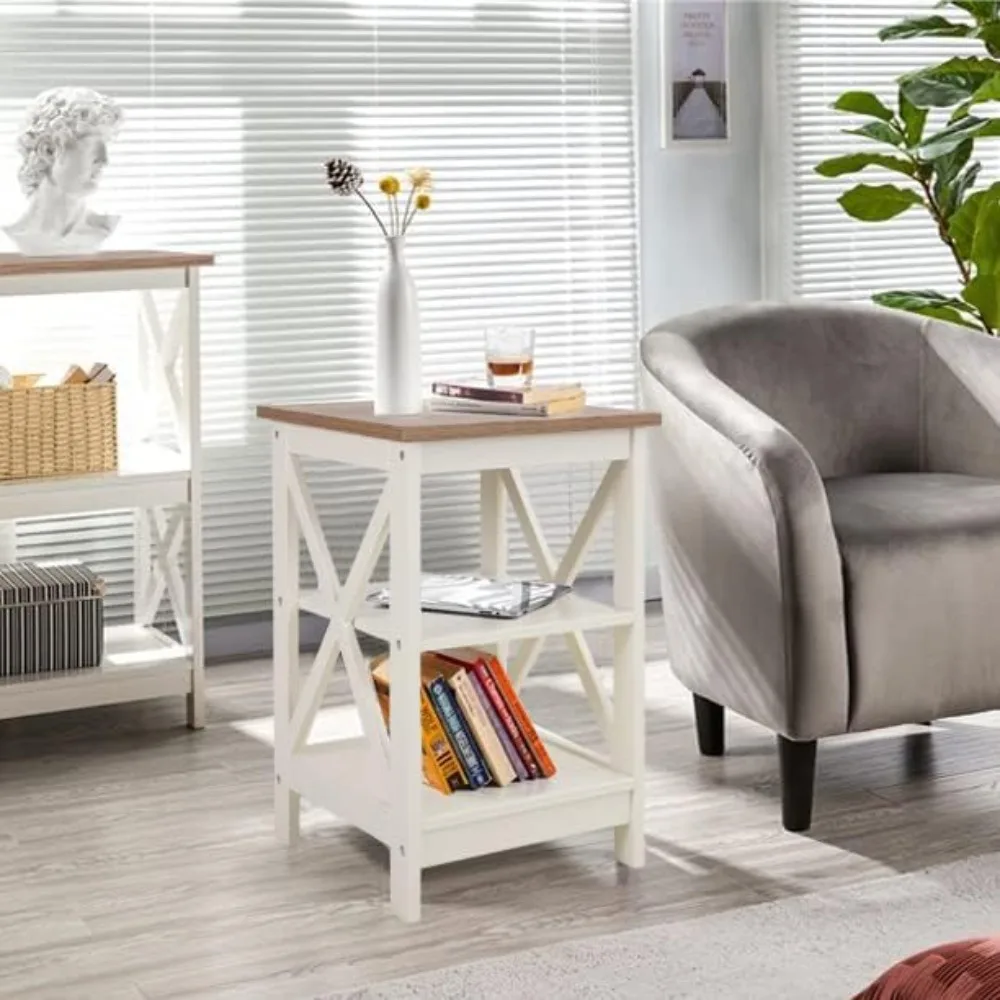

End Table Living Room Set of 2, Farmhouse Bed Side Table Nightstands for Bedroom, Ivory White Small Side Table