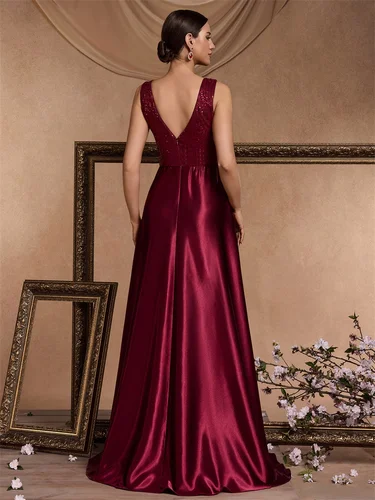 Imagen 2 del producto BLUEPLUM elegante lentejuelas rojo vestido de noche Formal mujeres largo de lujo con cuello en V satén fiesta graduación hasta el suelo vestido de cóctel vestidos