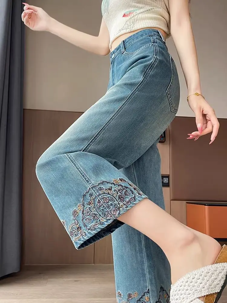 

Vintage Embroidered Flare Jeans Women 2026 Spring Summer High Waist Wide Leg Denim Pants Loose Boho Ankle Length Trousers