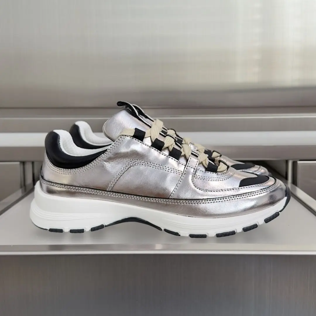 Unisex Silver Metallic Chunky Sneakers Lace Up Thick Sole Fashion Trainers for Men Women