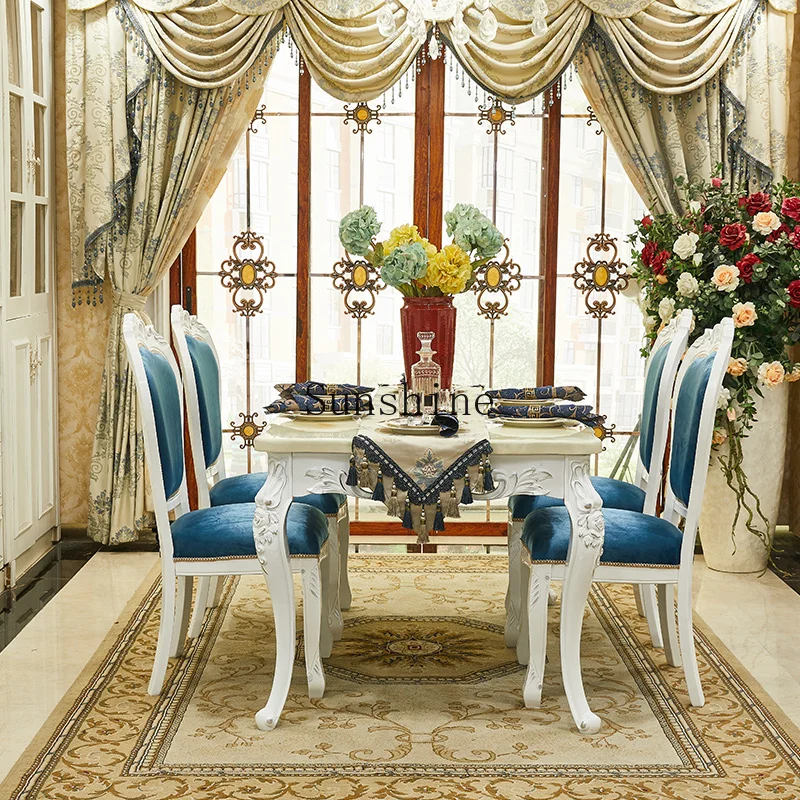 

European full solid wood carving flower marble dining table matching solid wood combination is simple