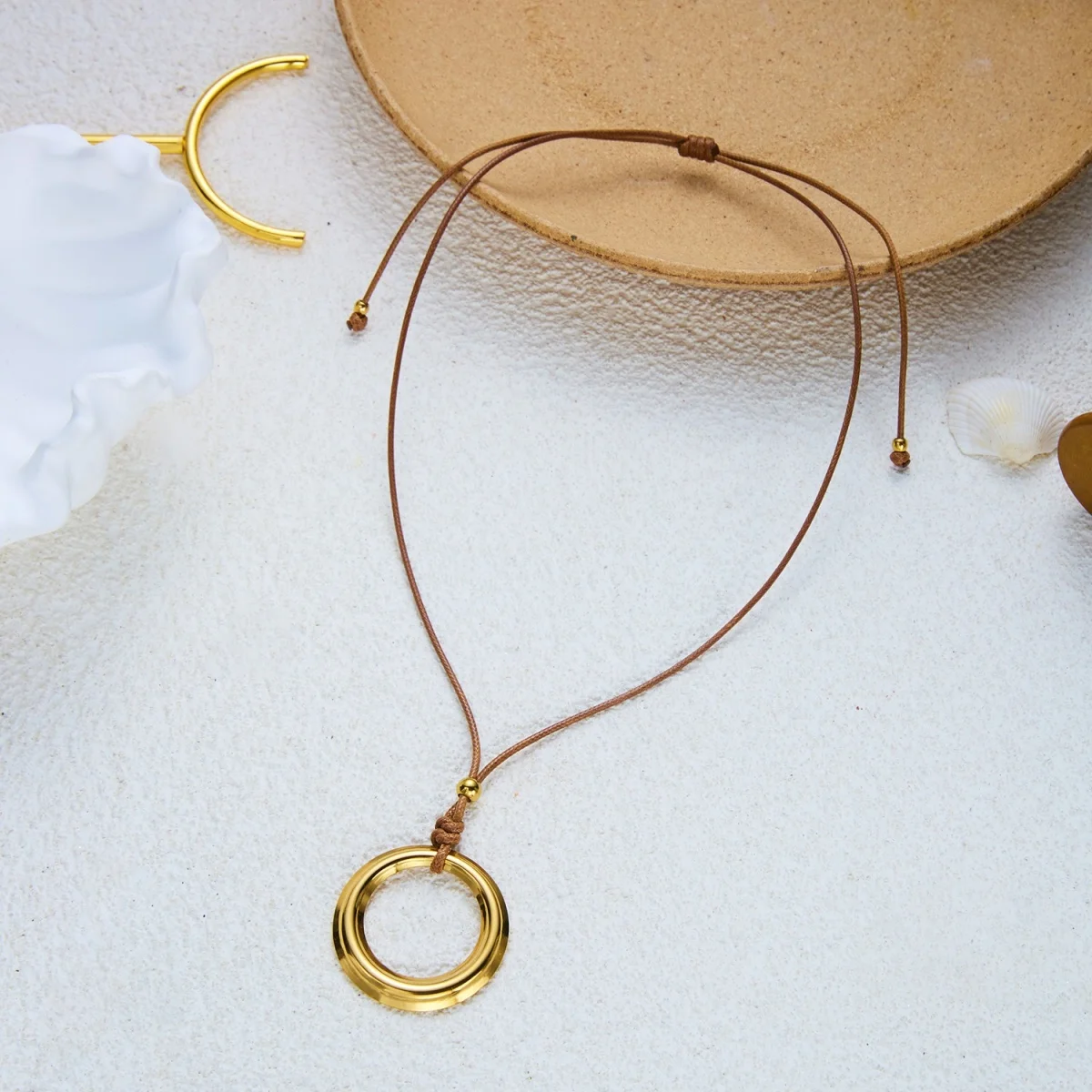 Halskette mit Anhänger in Form einer hohlen Wassertropfen-, Kreis-, Herz- oder Blumenform aus Edelstahl für Damen und Herren, minimalistischer, geometrischer Schmuck mit Wachsschnur. – Detail 26