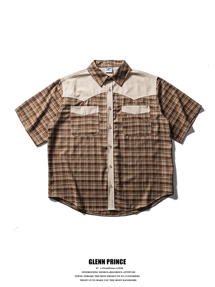 

Loose Fit Plaid Short Sleeve Men's Shirt Summer Street Style Patchwork Design Japanese Style Breathable Comfortable Youth Fas...