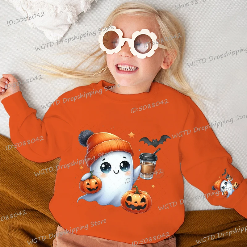 

2025 Halloween Boo Coffee Pumpkin Sweatshirts Kids Harajuku Cute Ghost Tops Boys Girls Original Cartoon Print Pullover Clothing