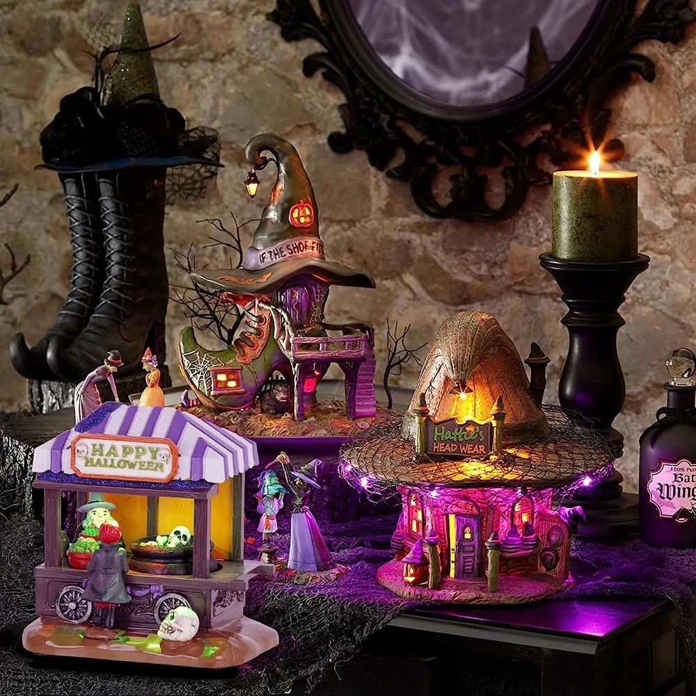 Halloween Collectible Spooky Village House, Witch's Stall Shop Figurines and Skeleton with Led Lights,B/O