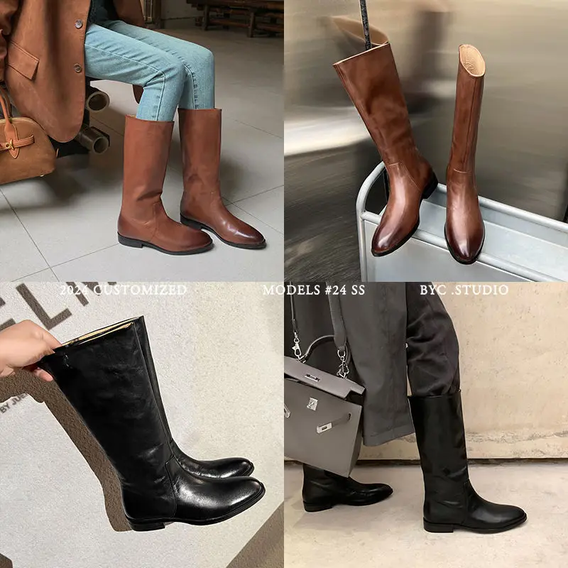 Women's Knee-High Leather Boots Full Grain Calf Leather Upper & Shaft Square Heel Rubber Outsole Round Toe Fashion Tall Booties